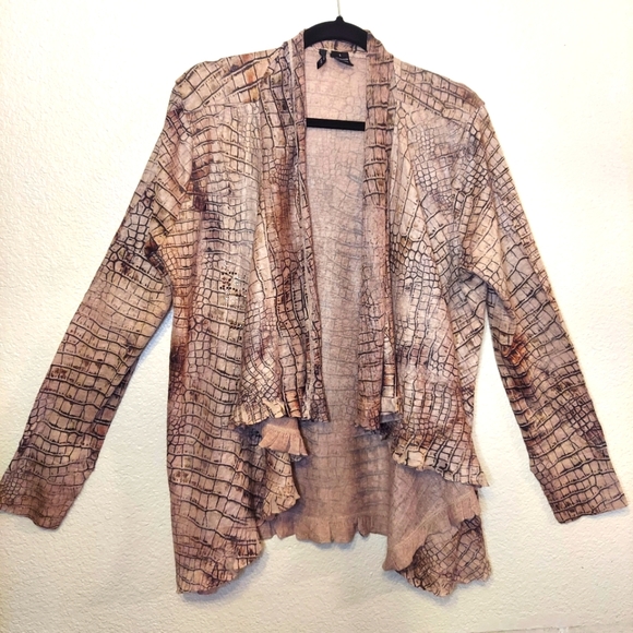 New Direction  Size L snake print open drape cardigan with ruffle trim - Picture 1 of 8